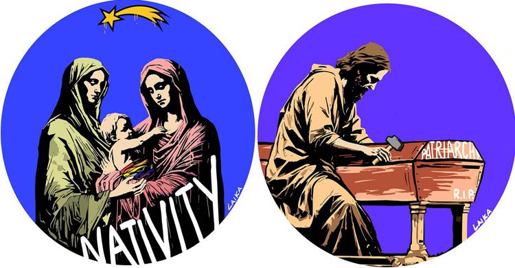 Due Madonne coccolano Gesù, opera di Laika a sede Pro Vita