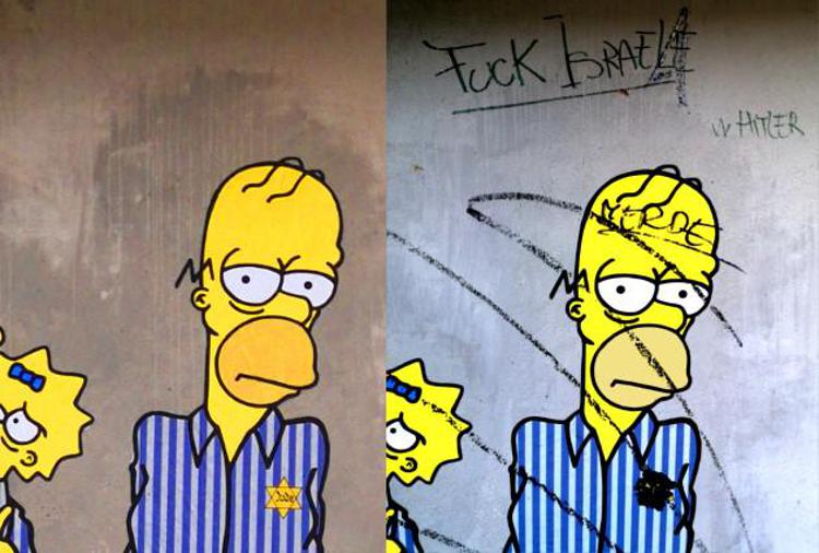'W Hitler' e 'Fuck Israele', scritte antisemite sul murale dei Simpson al Memoriale della Shoah