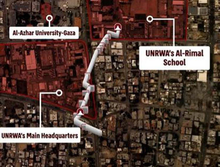 La mappa delle Idf con le indicazioni sul centro di intelligence di Hamas sotto sede la sede Onu a Gaza City - Twitter /Israel Defense Forces
