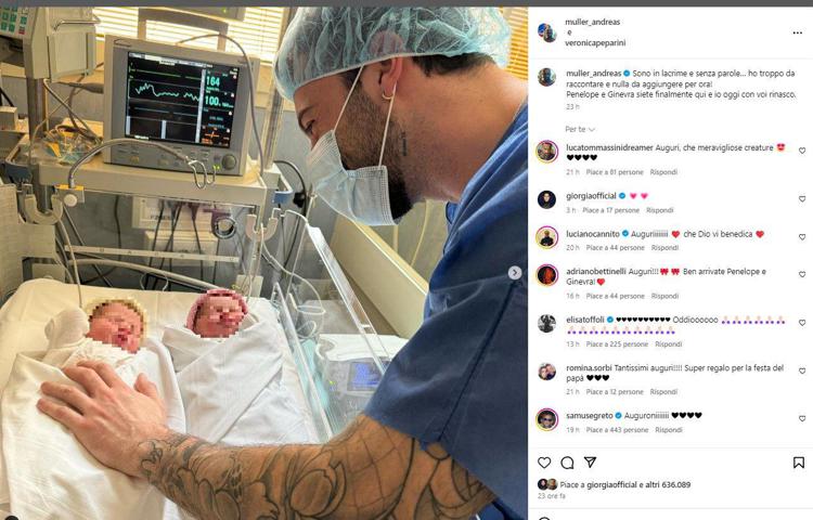 Ieri l'annuncio della nascita delle due gemelline di Veronica Peparini e Andreas Muller - (Da Instagram)