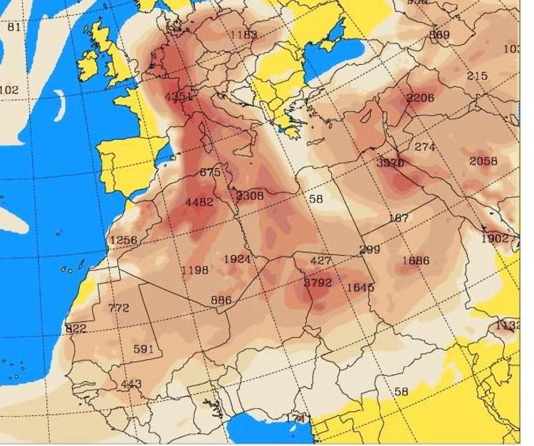 In marroncino il pulviscolo dal Sahara - Mappa modello atmosferico Skiron (Università di Atene)