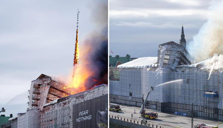 L'incendio della guglia e l'edificio della Borsa di Copenaghen dopo il crollo e le fiamme - Afp