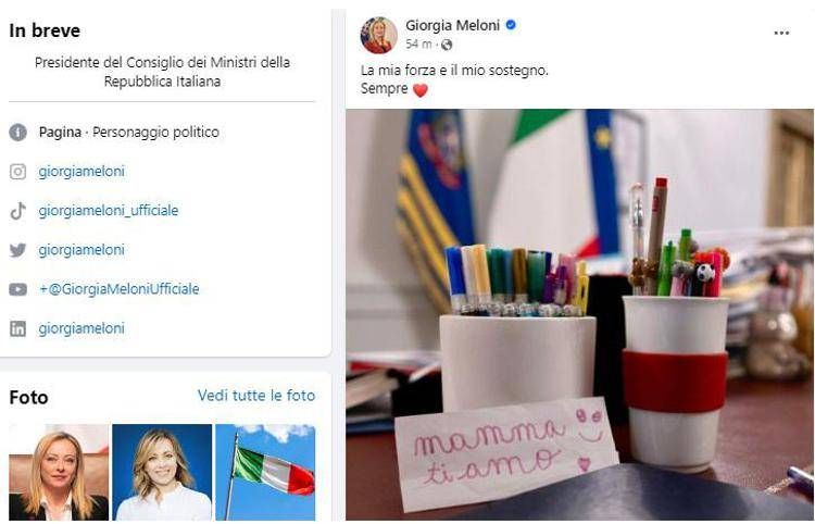 Meloni posta sui social biglietto della figlia e scrive: "Mia forza e mio sostegno"