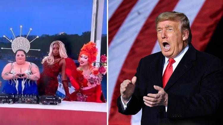 Una fase della cerimonia e Donald Trump