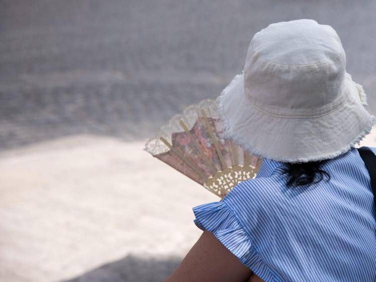 Turista con il ventaglio per il caldo (Fotogramma)