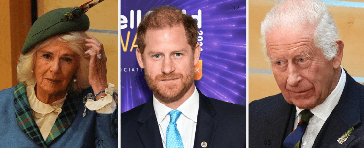 La regina Camilla, il principe Harry e re Carlo