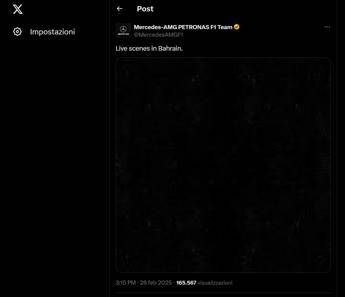 Blackout ai test F1 in Bahrain, un post su X del team Mercedes-AMG PETRONAS F1 ironizza sulla situazione