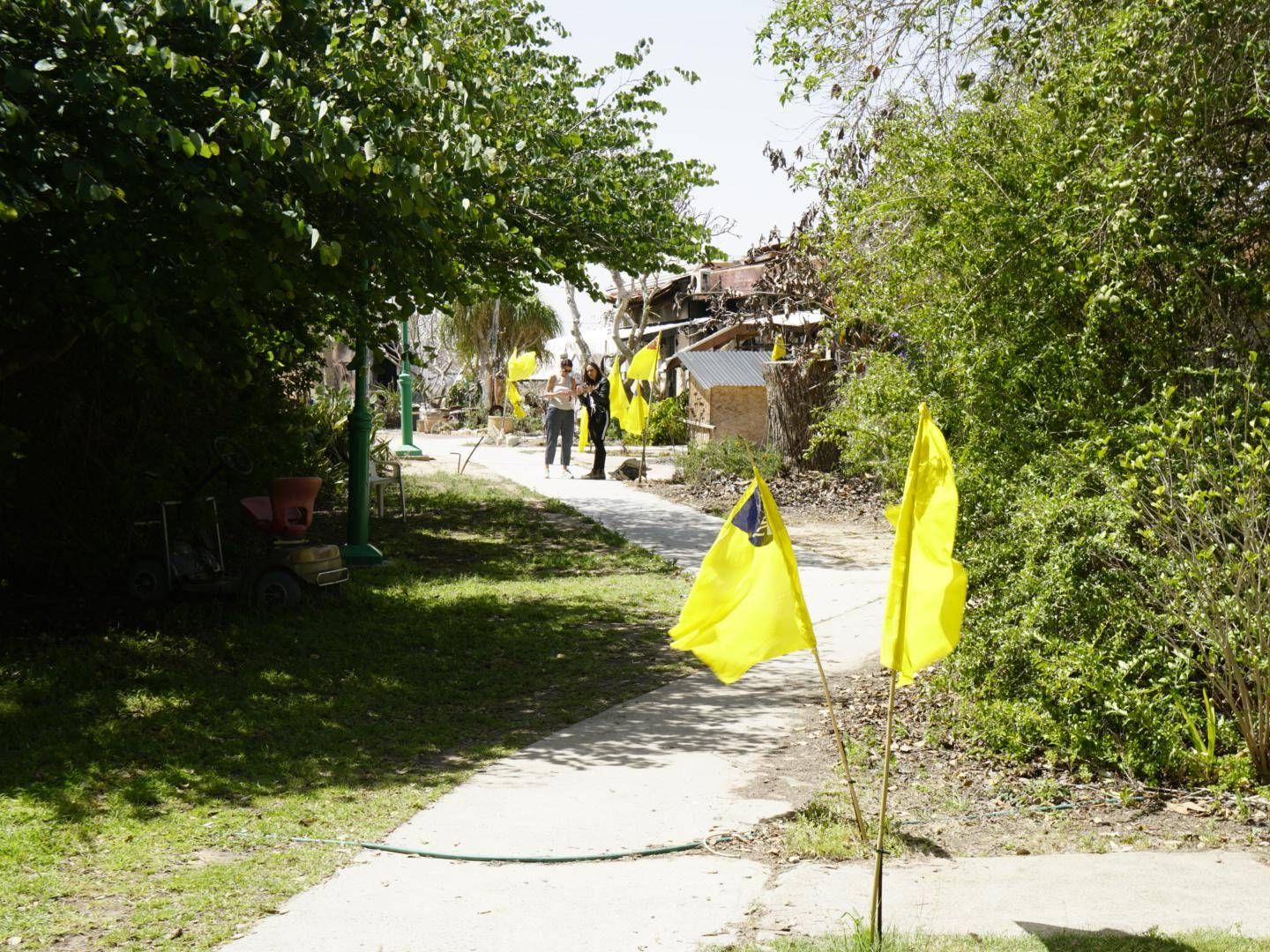 Viale nel kibbutz Nir Oz, Israele. Le bandiere gialle indicano che gli inquilini sono stati rapiti il 7 ottobre 2023