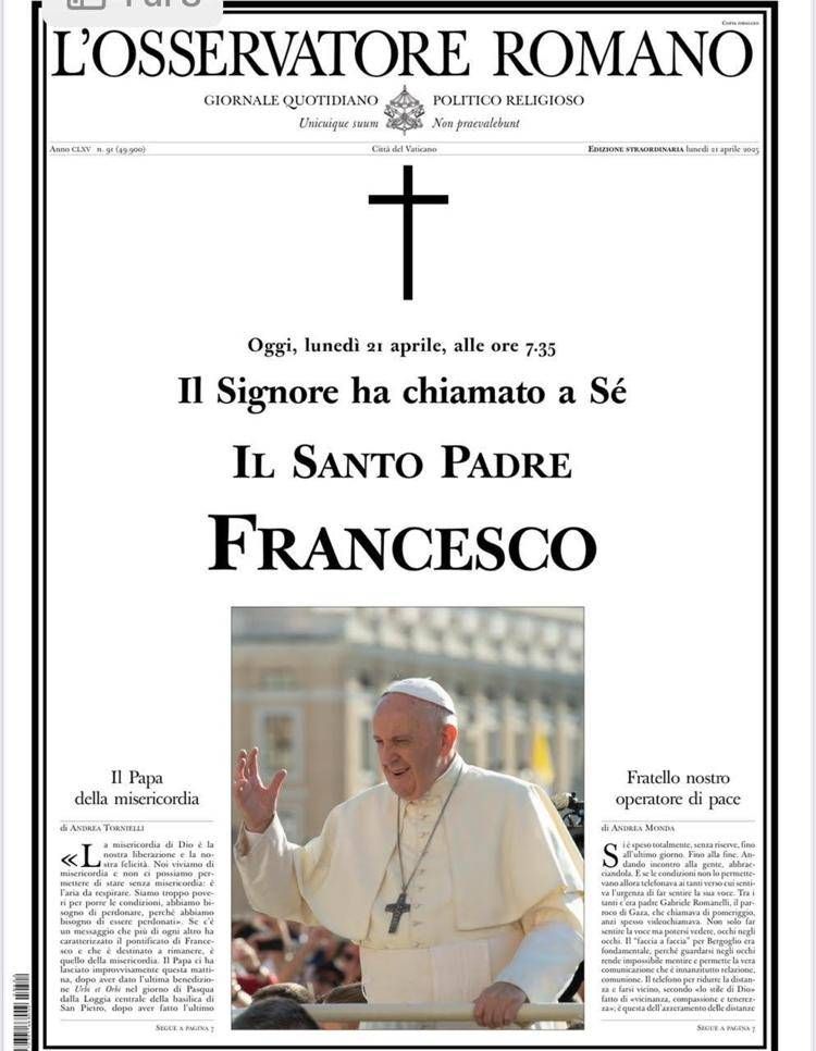 L'Osservatore romano: 'Il Signore ha chiamato a sé il Santo Padre Francesco'