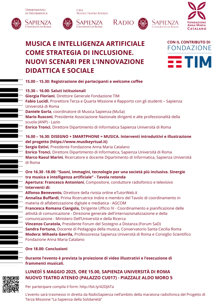Lunedì 5 maggio alla Sapienza il Convegno “Musica e intelligenza artificiale come strategia di inclusione”