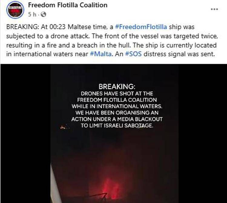 Attacco di droni, colpita nave con aiuti umanitari per Gaza: doveva imbarcarsi anche Greta Thunberg - Video