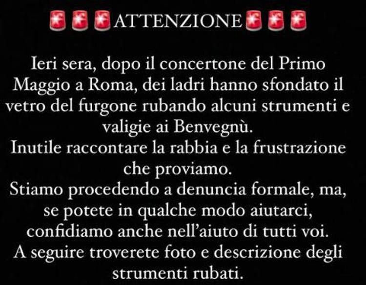 I Benvegnù: "Ci hanno rubato gli strumenti, aiutateci a trovarli"
