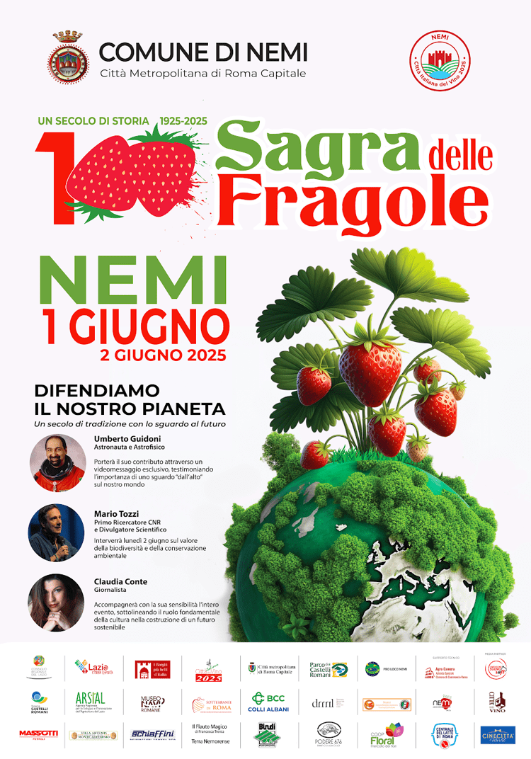 Sagra delle Fragole di Nemi 2025: Domenica 1 Giugno e Lunedì 2 Giugno Un secolo di storia, in difesa dell'ambiente, tradizione e cultura