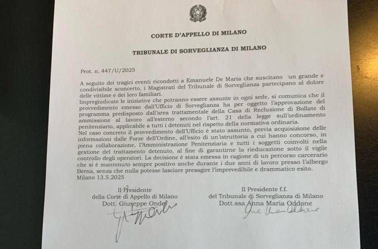 Milano, Sorveglianza: "Sconcerto condivisibile su De Maria, seguita la legge"
