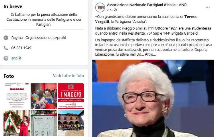 Teresa Vergalli (pagina Fb dell'Anpi)
