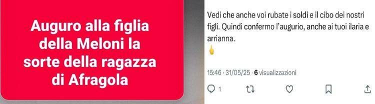 I post con le minacce alla figlia di Giorgia Meloni e alle figlie di Matteo Piantedosi