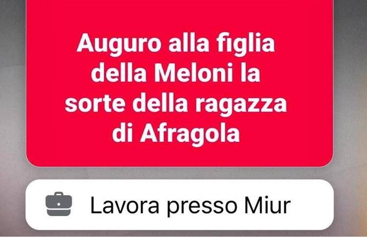 Il post di minaccia contro la figlia di Giorgia Meloni