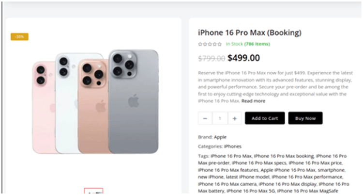 Esempio di pagina phishing con un nuovo iPhone 16 Pro Max in offerta