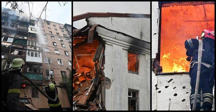 Palazzi ucraini in fiamme dopo bombe e droni (Afp)