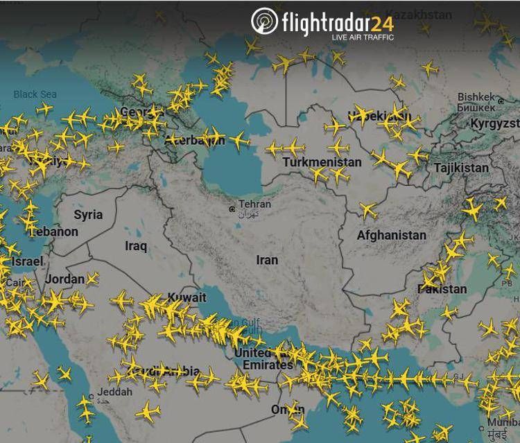 Traffico areo dopo l'attacco israeliano all'Iran - FlightRadar24