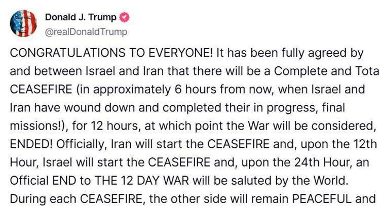 L'annuncio di Trump sulla tregua tra Israele e Iran su Truth