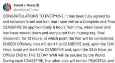 L'annuncio di Trump sulla tregua tra Israele e Iran su Truth