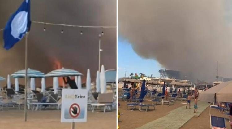 Incendio in pineta, fiamme lambiscono le spiagge di Baia Domizia: bagnanti in fuga - Video