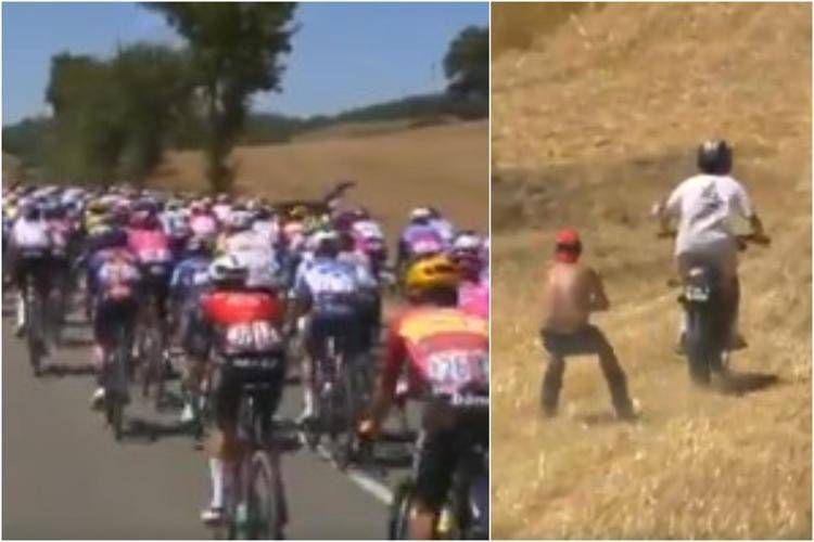 Pazzo Tour de France, tra le bici spunta un tifoso con... gli sci