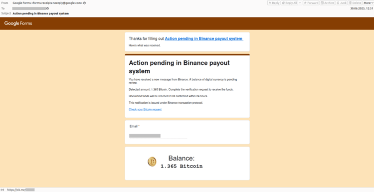 L'email truffa inviata tramite Google Forms