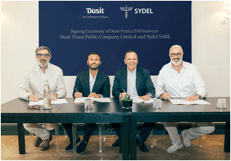 Dusit International and SYDEL formally established Dusit France at a signing ceremony held in Paris. Pictured (from left): Mr Donatien Carratier, Head of Dusit France; Mr Jordan Elbaz, Partner, SYDEL; Mr Gilles Cretallaz, Chief Operating Officer, Dusit International; and Mr David Elgrably, Partner, SYDEL.