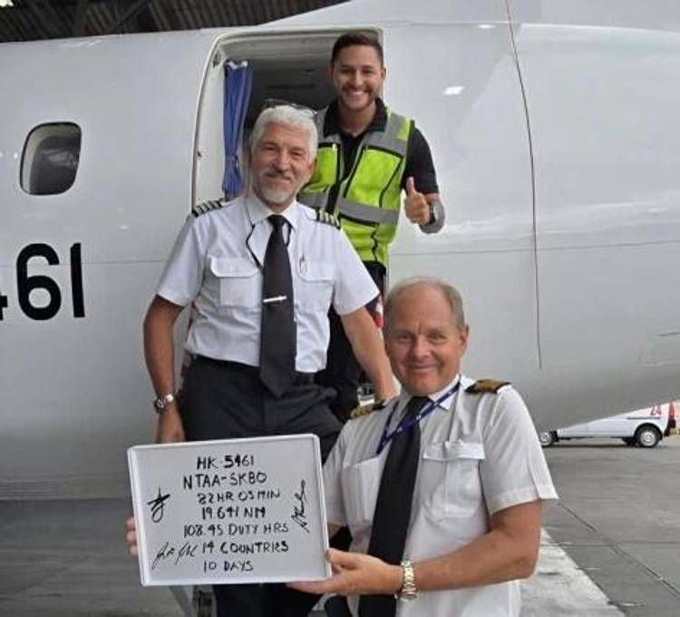 Da Tahiti a Bogotà, giro del mondo da Guiness per un Atr72-600, a bordo due piloti italiani