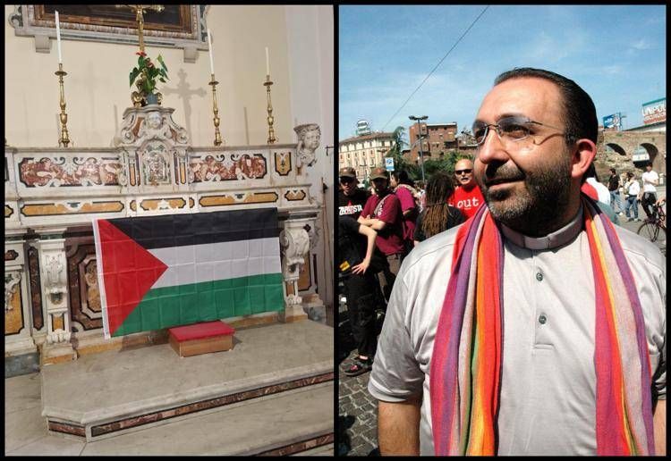 Don Vitaliano Della Sala e l'altare con la bandiera palestinese