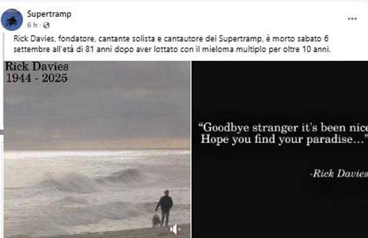 Morto Rick Davies, il fondatore dei Supertramp aveva 81 anni