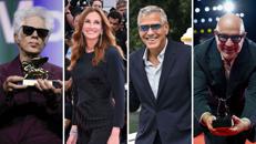 Da sinistra: Jim Jarmusch ('Father Mother Sister Brother'), Julia Roberts ('After The Hunt'), George Clooney ('Jay Kelly') e Gianfranco Rosi ('Sotto le nuvole') - (Ipa)
