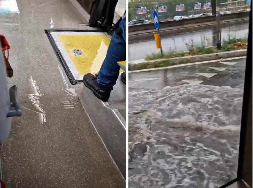 Maltempo Roma, sulla Cristoforo Colombo autobus allagato fa ‘surf’ in strada Maltempo Roma, sulla Cristoforo Colombo autobus allagato fa ‘surf’ in strada