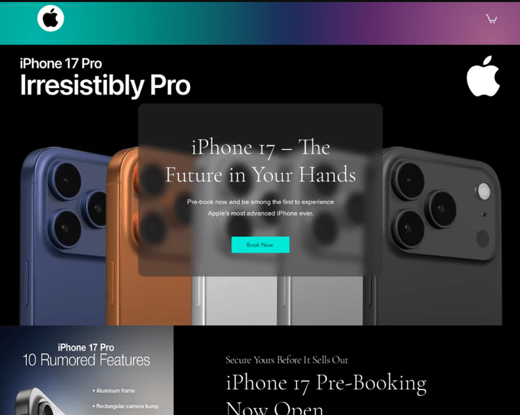 Un sito fraudolento che imita lo store ufficiale di Apple e attraverso l’opzione “Prenota ora” indirizza verso un modulo per l’invio di dati finanziari.