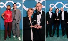 Alcuni dei protagonisti dei Cnmi Sustainable Fashion Awards. Da sinistra: Iman con il direttore creativo di Tod's Matteo Tamburini, Anna Zegna con il direttore creativo di Zegna Alessandro Sartori e la famiglia Armani, Andrea Camerana, Silvana Armani e Leo Dell'Orco