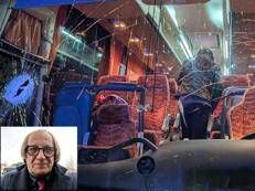 Il pullman dei tifosi del Pistoia Basket colpito durante un assalto in provincia di Rieti nell'immagine pubblicata su Facebook dal governatore della Toscana, Eugenio Giani. Nel riquadro Raffaele Marianella, l'autista rimasto ucciso