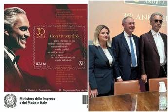 Un francobollo per i 30 anni di 'Con te partirò' e Bocelli, Urso: "Simbolo dell'Italia nel mondo"