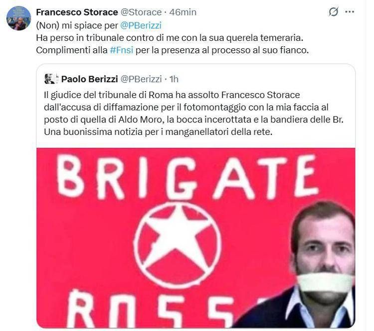 Fotomontaggio con cronista imbavagliato e bandiera Br, Storace assolto a Roma