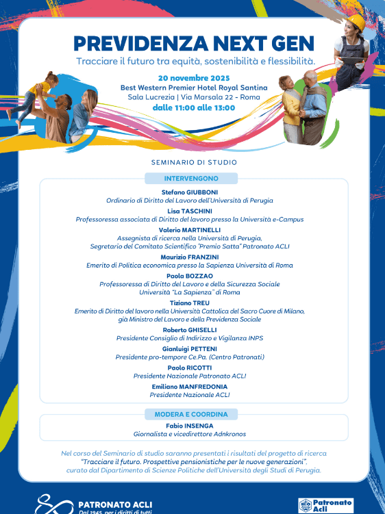 Patronato Acli, 20 Kasım 'Yeni Nesil Emeklilik' etkinliği