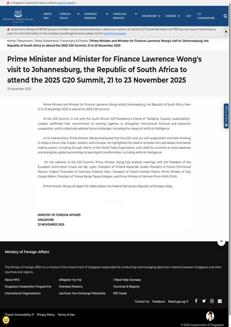 Singapore: Il Primo Ministro Lawrence Wong partecipa al G20 2025 a Johannesburg e incontra la Premier italiana Giorgia Meloni