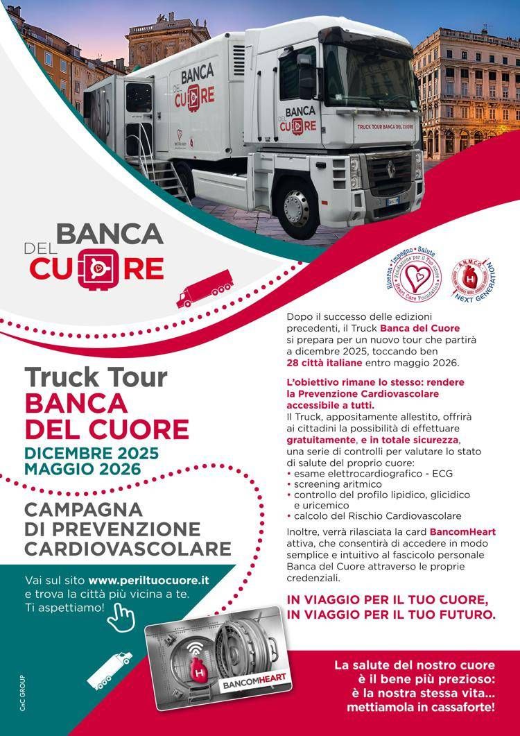 Prevenzione cardiovascolare gratuita in 28 città, riparte 'Truck tour Banca del cuore'