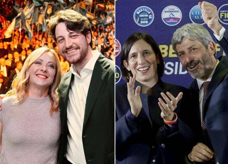 Da sinistra Giorgia Meloni e Alberto Stefani (foto da Facebook), Roberto Fico ed Elly Schlein (foto Ipa)