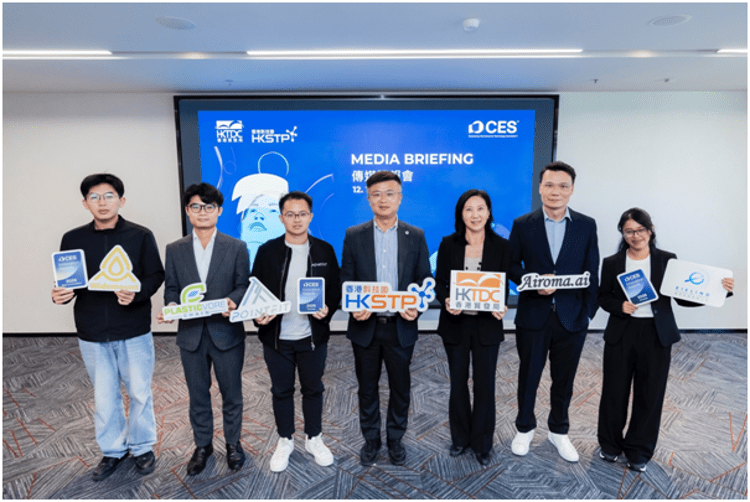 Derek Chim, Head of Startup Ecosystem and Development at HKSTP (middle), and Iris Wong, Director of Merchandise Trade and Innovation; and External Relations at HKTDC (third to the right), joined representatives from five Hong Kong tech companies at the “CES 2026 Hong Kong Innovation Delegation Media Preview.” The duo announced the largest-ever Hong Kong delegation to CES, featuring 60 companies.