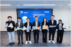 Derek Chim, Head of Startup Ecosystem and Development at HKSTP (middle), and Iris Wong, Director of Merchandise Trade and Innovation; and External Relations at HKTDC (third to the right), joined representatives from five Hong Kong tech companies at the “CES 2026 Hong Kong Innovation Delegation Media Preview.” The duo announced the largest-ever Hong Kong delegation to CES, featuring 60 companies.