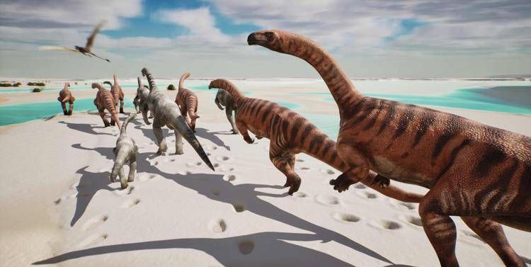 Ricostruzione paleoartistica di come poteva apparire l’ambiente di circa 210 milioni di annifa, oggi conservato nelle rocce della Valle di Fraele (Parco dello Stelvio). Lungo la riva dell’Oceano di Tetide,un branco di dinosauri prosauropodi cammina su una estesa piana carbonatica fangosa, durante la bassamarea. Nel branco sono presenti anche dei giovani esemplari, come indicano alcune orme fossili didimensioni ridotte. Maschi e femmine sono qui immaginati di colore diverso. - Illustrazione di Fabio Manucci,Arch. PaleoStelvio (PNS, MSNM, SABAP CO-LC).