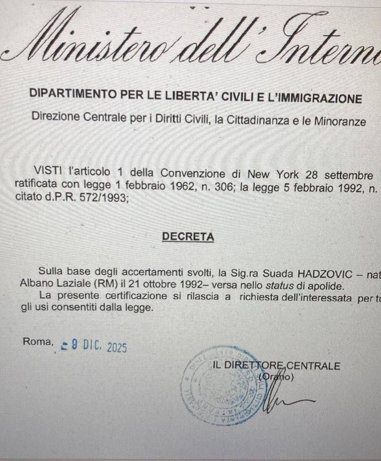 Per 33 anni 'ostaggio' dell'Italia dove è nata e cresciuta, ora è finalmente apolide: il decreto del Viminale