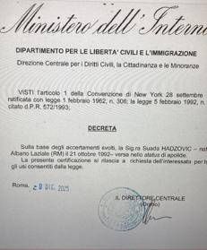 Per 33 anni 'ostaggio' dell'Italia dove è nata e cresciuta, ora è finalmente apolide: il decreto del Viminale