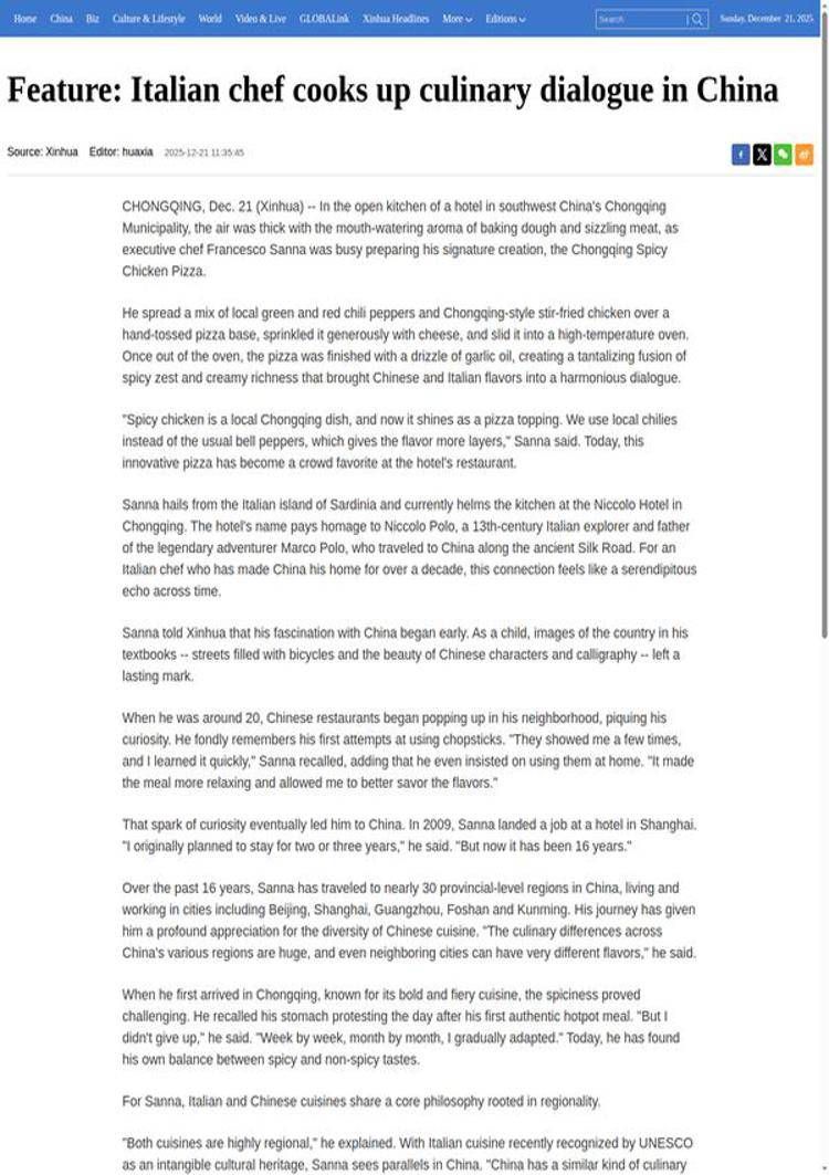 China: Italian chef Francesco Sanna blends Italian and Chinese flavors in Chongqing